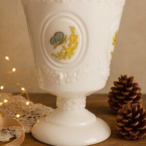 Anchor Hocking Milk Glass Compote Hand Painted Butterfly Signed Artist Vintage